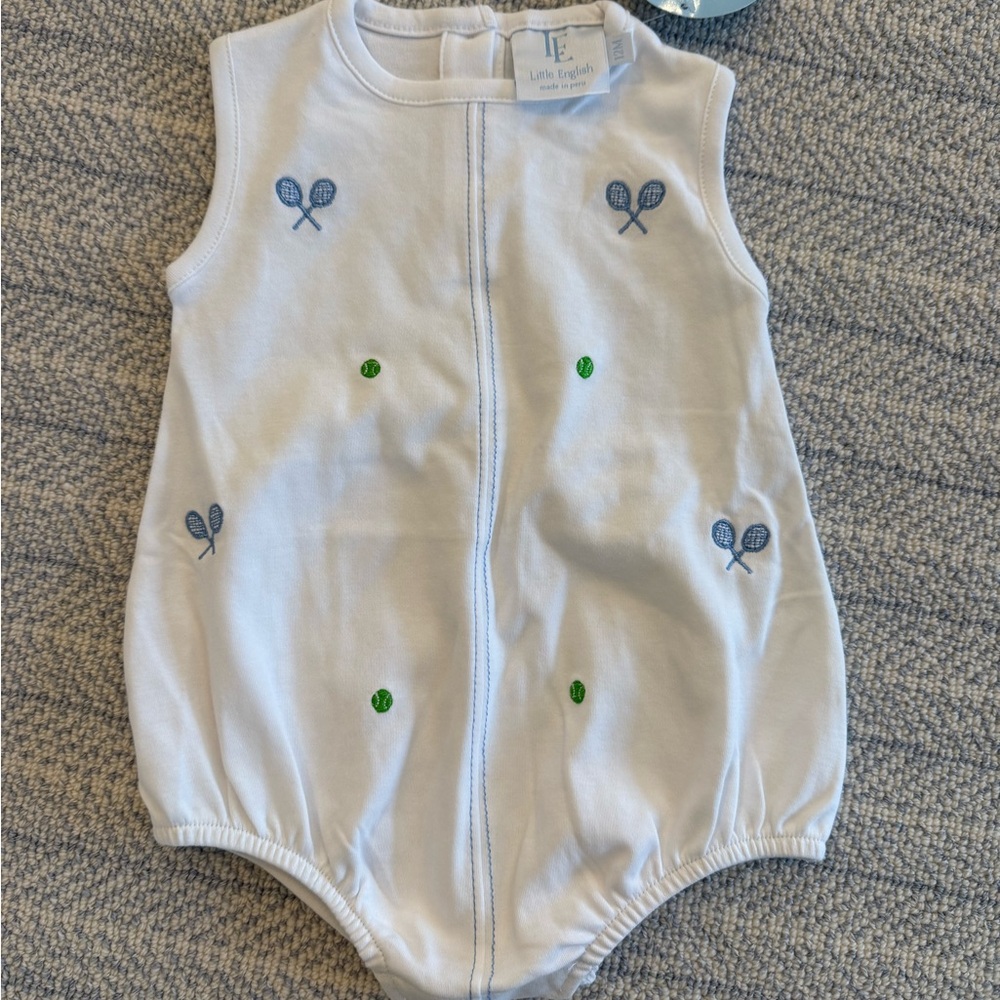 Little English White Bubble with Blue and Green Tennis Embroidery